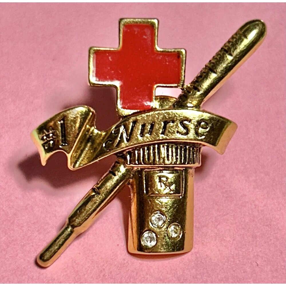 #1 Nurse Red Cross Tie Tack or Brooch,  Gold-tone with 3 Rhinestone Lapel Pin